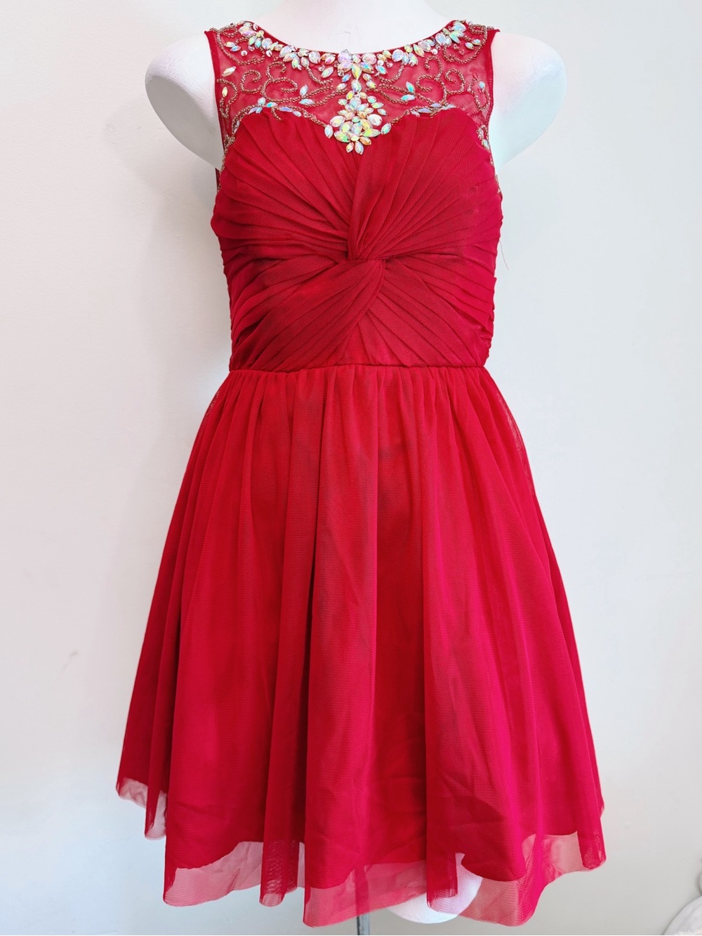 DEB Y2K Red Rhinestone Beaded Mesh Party Dress Size 5/6